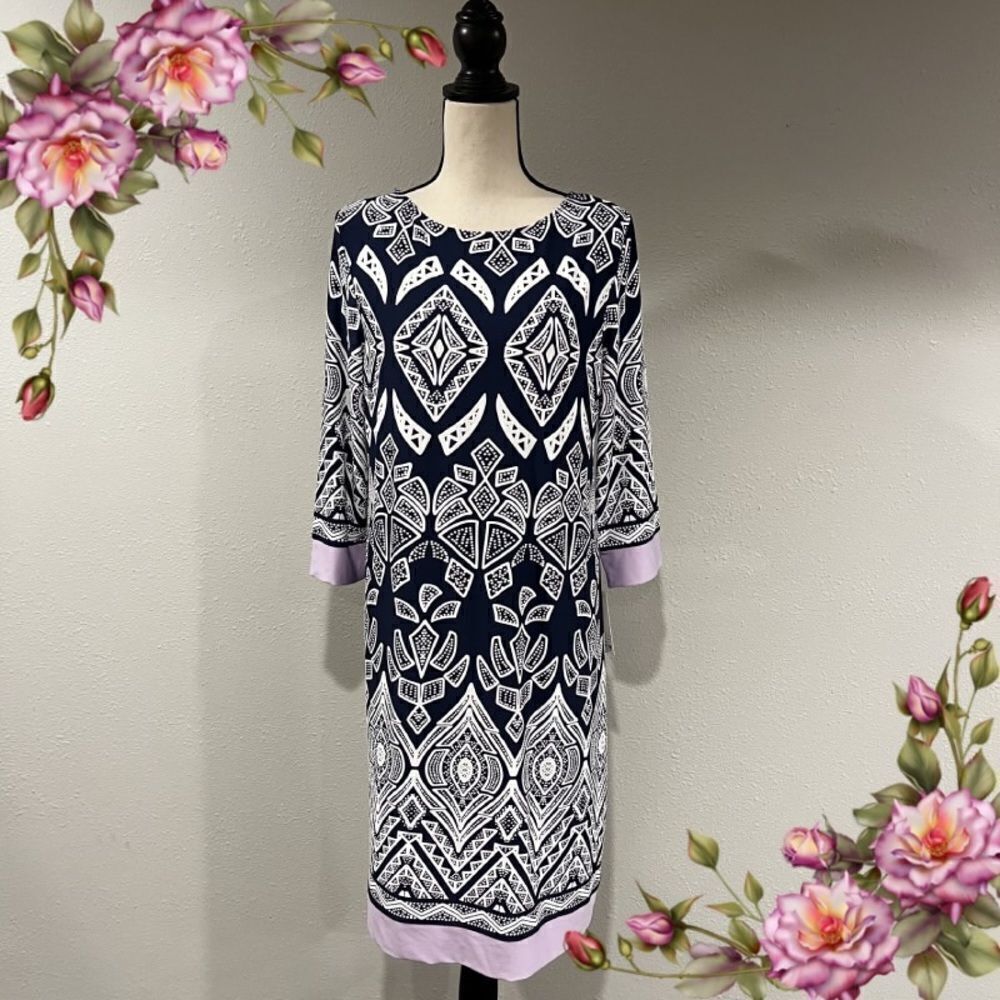 Geometrical print scoop neck shift 3/4 length sleeve dress‎
